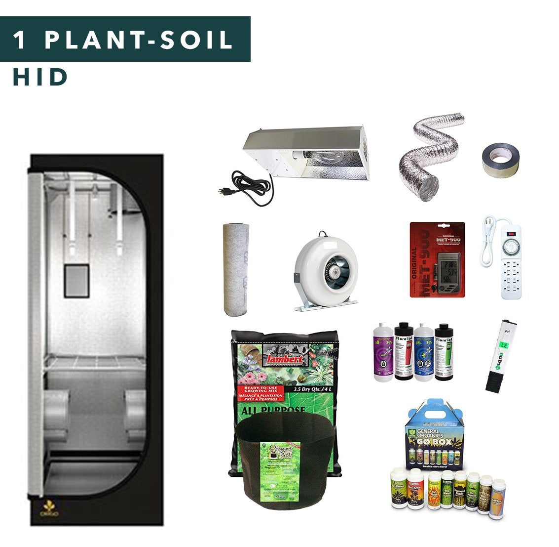 2' X 2' HID Soil Complete Indoor Growing Starter Kit For 1 Plant
