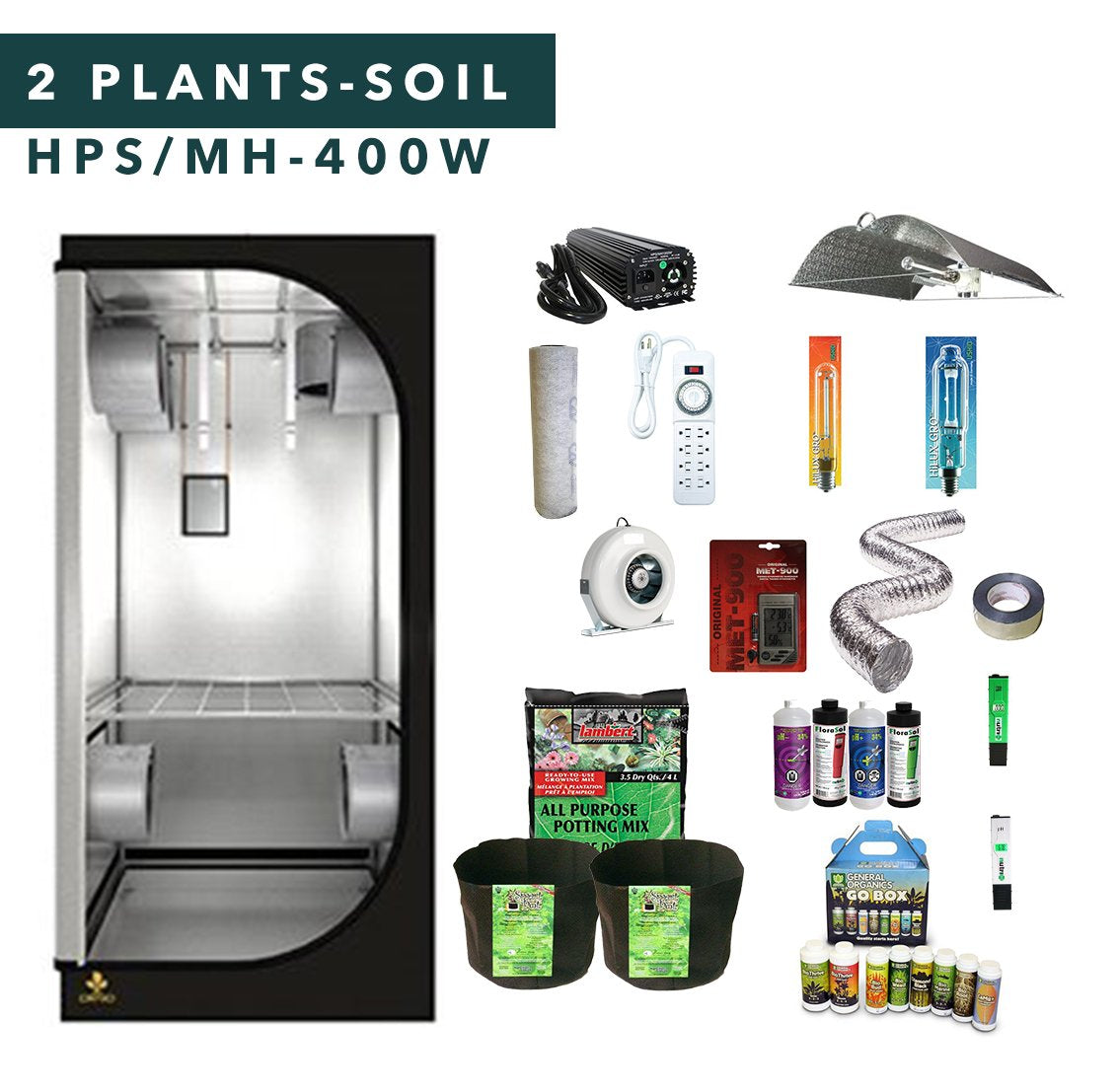 3' X 3' HID Soil Complete Indoor Grow Tent Kits 2 Plants