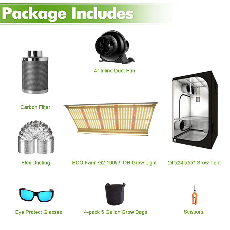 ECO Farm 2'x2' Essential Grow Tent Kit - 100W G2 LM561C LED Quantum Board