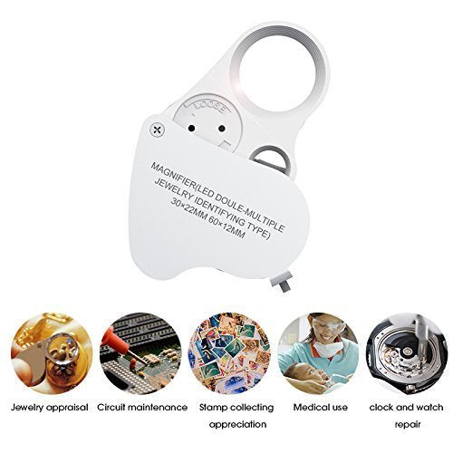 Beemoon Jewelry Magnifier, 30 X 60X Illuminated Jewelry Loupe for Gems Jewelry Rocks Stamps Coins Watches Antiques Models Photos