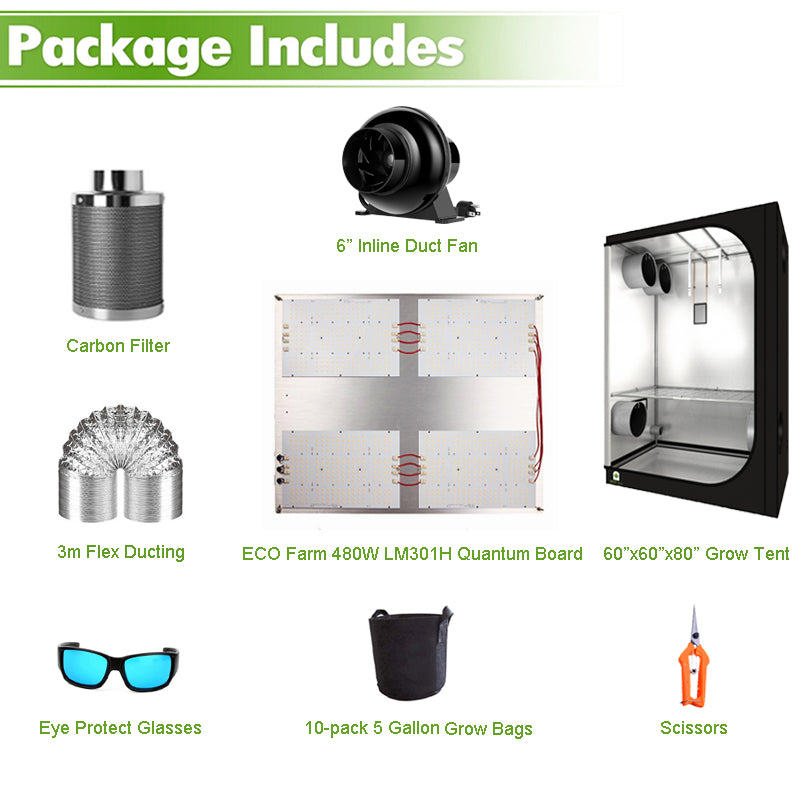 ECO Farm 5'x5' Essential Grow Tent Kit - 480W V3 LM301H Quantum Board-growpackage.com
