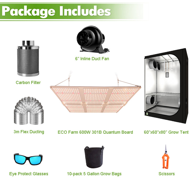 ECO Farm 5'x5' Essential Grow Tent Kit - 600W LM301B Quantum Board-growpackage.com