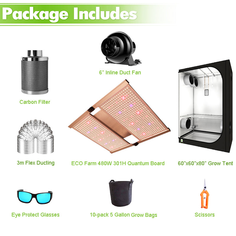 ECO Farm 5'x5' Essential Grow Tent Kit - 480W LM301B Quantum Board-growpackage.com