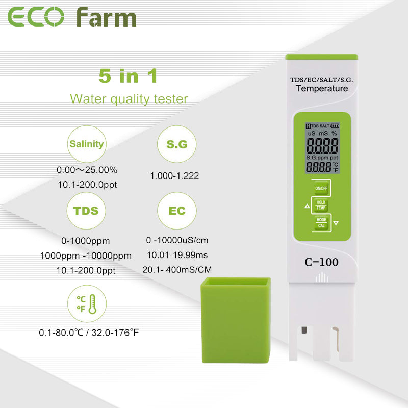 ECO Farm 5 in 1 TDS/EC/Salt/S.G./Temperature Test Meter-growpackage.com