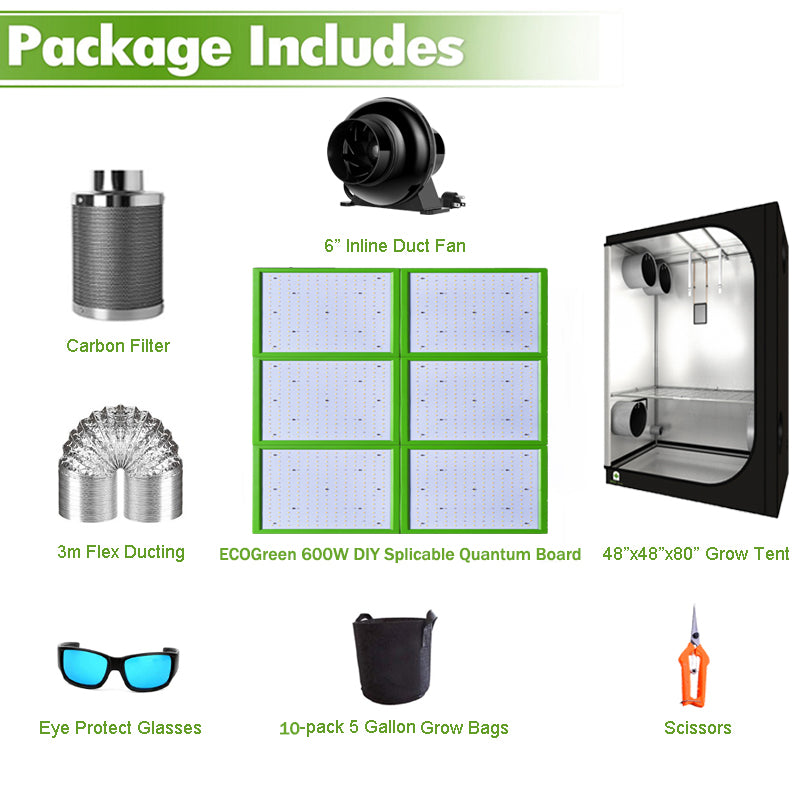 ECO Farm 5'x5' Essential Grow Tent Kit - ECOGreen 600W DIY Splicable Quantum Board