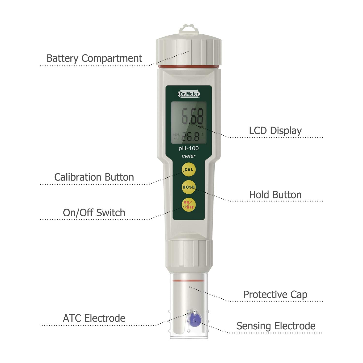 Dr.meter 0.01 Resolution High Accuracy Pocket Size pH Meter with ATC, 0-14pH Measurement Range