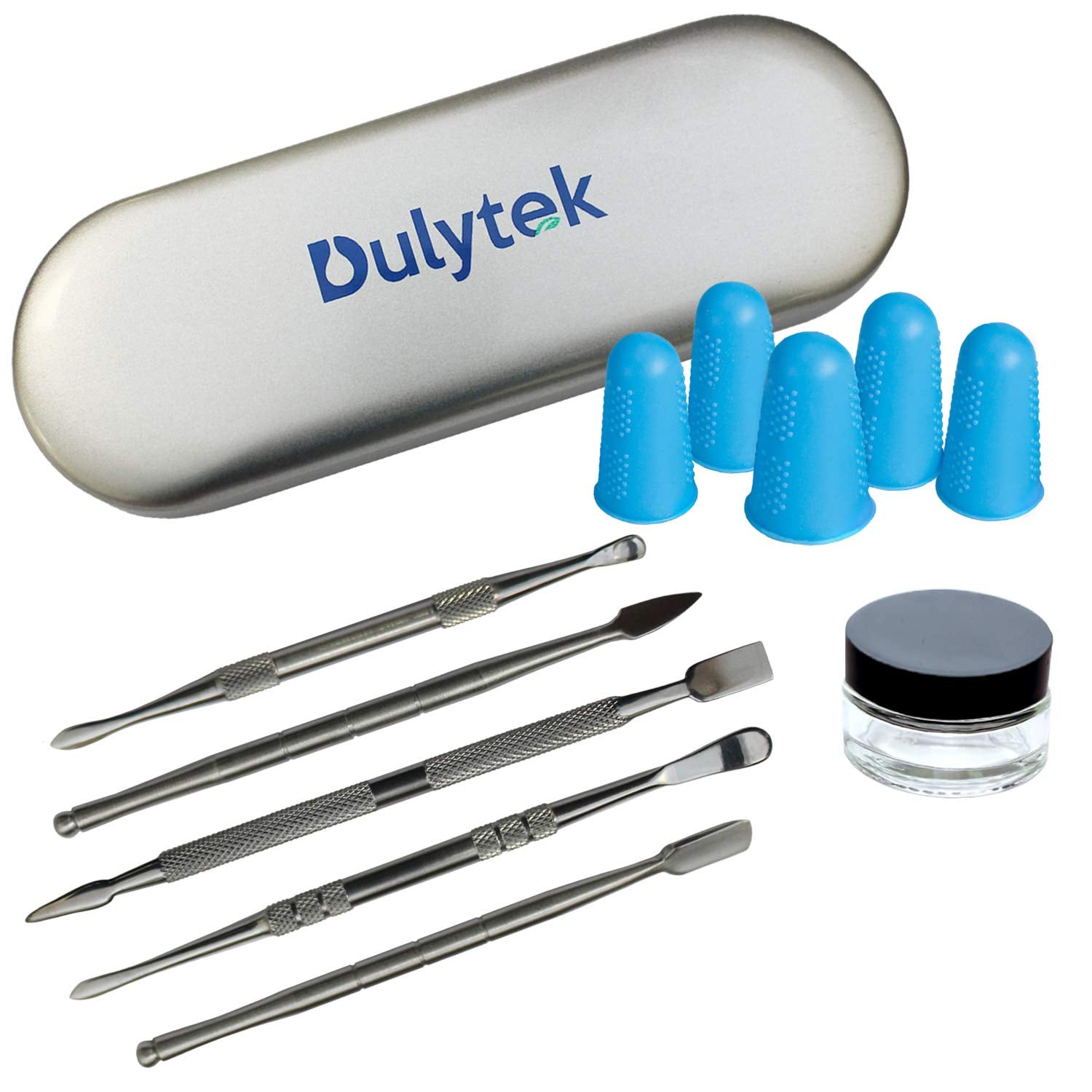 Dulytek 7-Piece Wax Carving & Collecting Tool Set with Thick Glass Jar, Silicone Finger Gloves and Metal Carrying Case