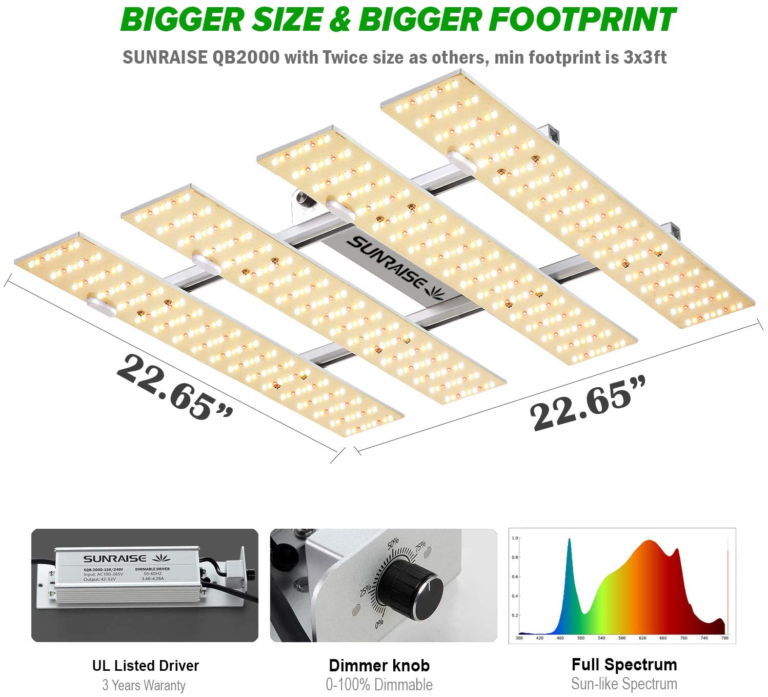 SUNRAISE QB1000/QB2000/QB3000 Dimmable LED Grow Lights with IR
