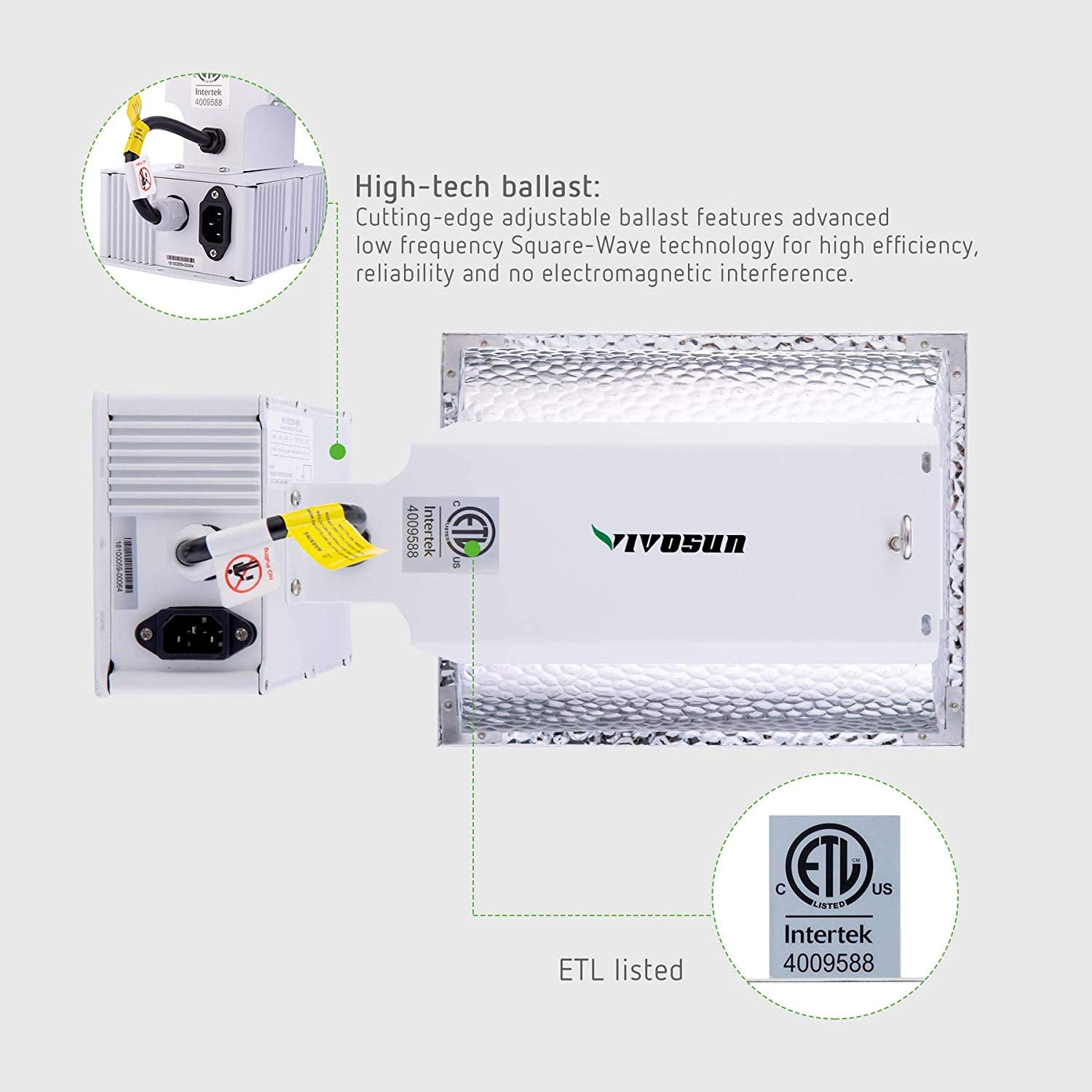 VIVOSUN 315W Ceramic Metal Halide CMH/CDM Grow Light Fixture w/No Bulb, ETL Listed, High-Reflectivity Vega Aluminum Hood, 120/240V Ballast, Full-Spectrum Hydroponic Grow Light and Suspension System