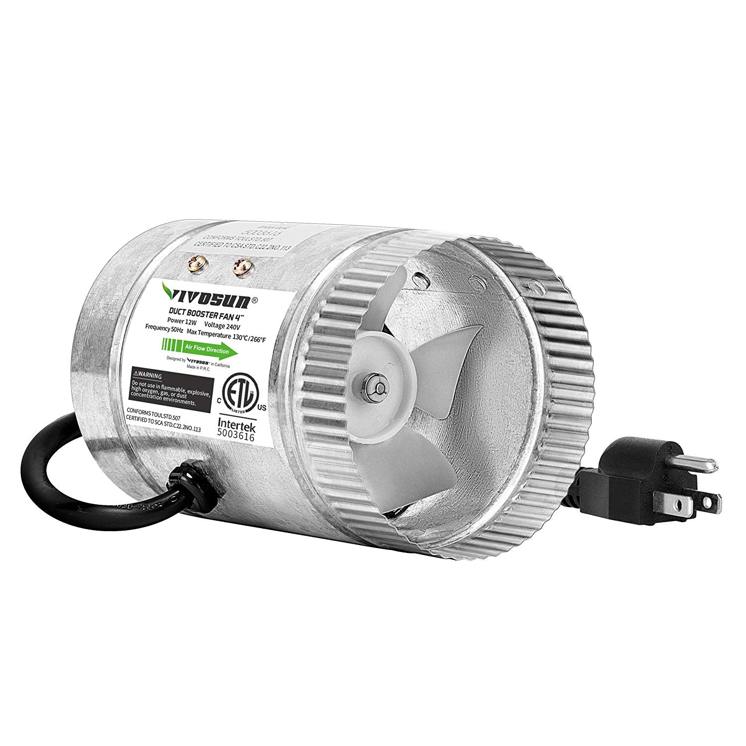 VIVOSUN 4 inch Inline Duct Booster Fan 100 CFM, HVAC Exhaust Intake Fan, Low Noise & Extra Long 5.5' Grounded Power Cord
