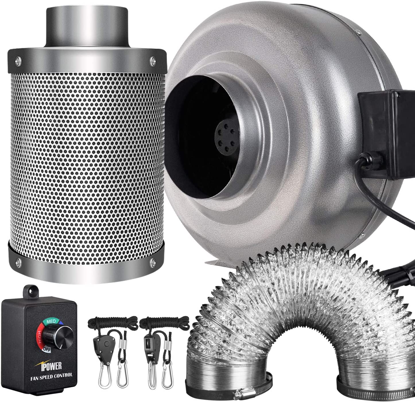 iPower 6 Inch 442 CFM Inline Fan Carbon Filter 25 Feet Ducting Combo with Variable Speed Controller and Rope Hanger for Grow Tent Ventilation