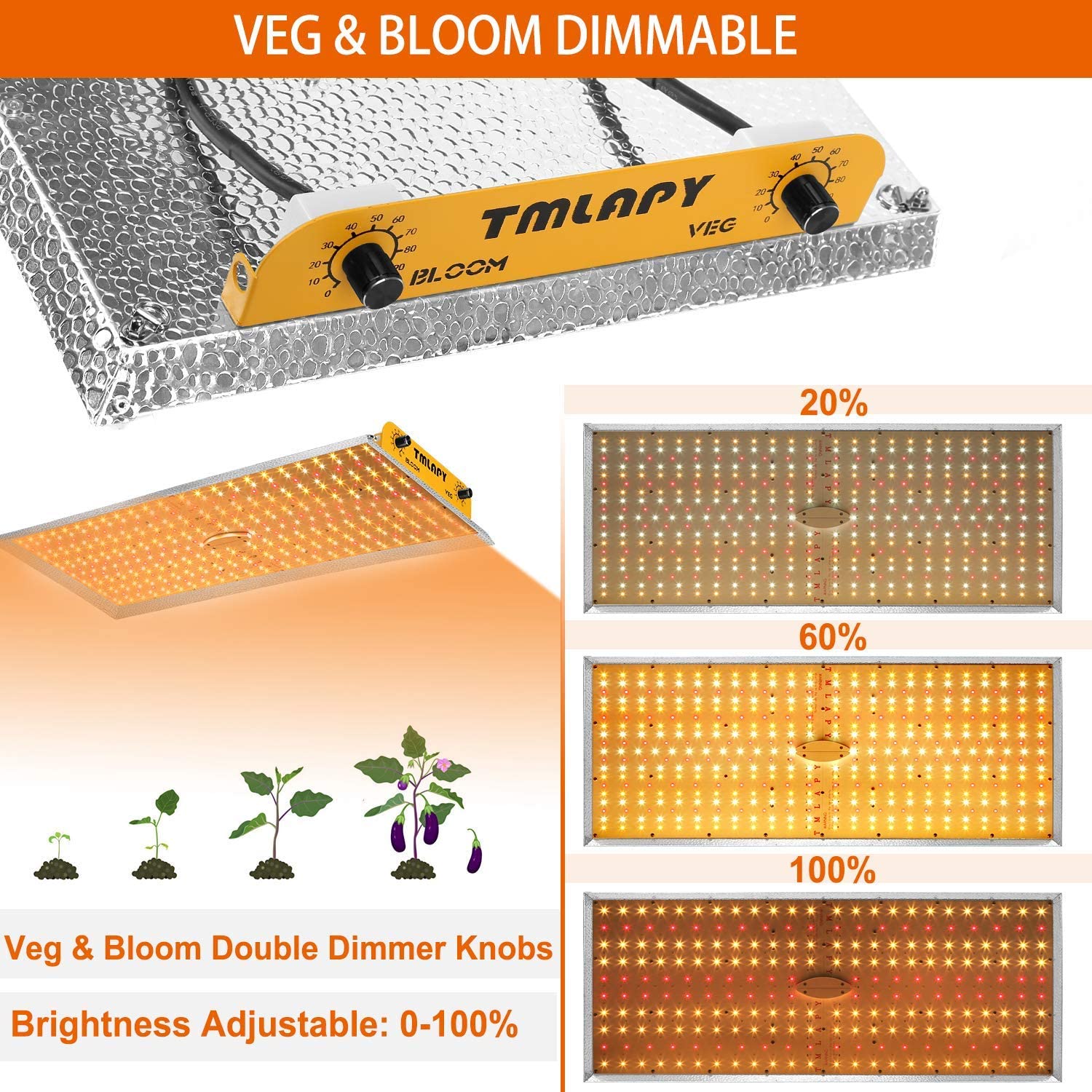 Tmlapy 2000W LED Grow Light 5.9x5.9ft Dimmable Full Spectrum LED Growing Lights