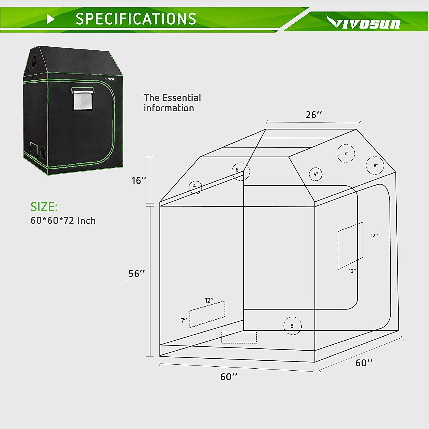 VIVOSUN 60"x60"x72" Indoor Grow Tent, Roof Cube Tent with Observation Window and Floor Tray for Plant Growing