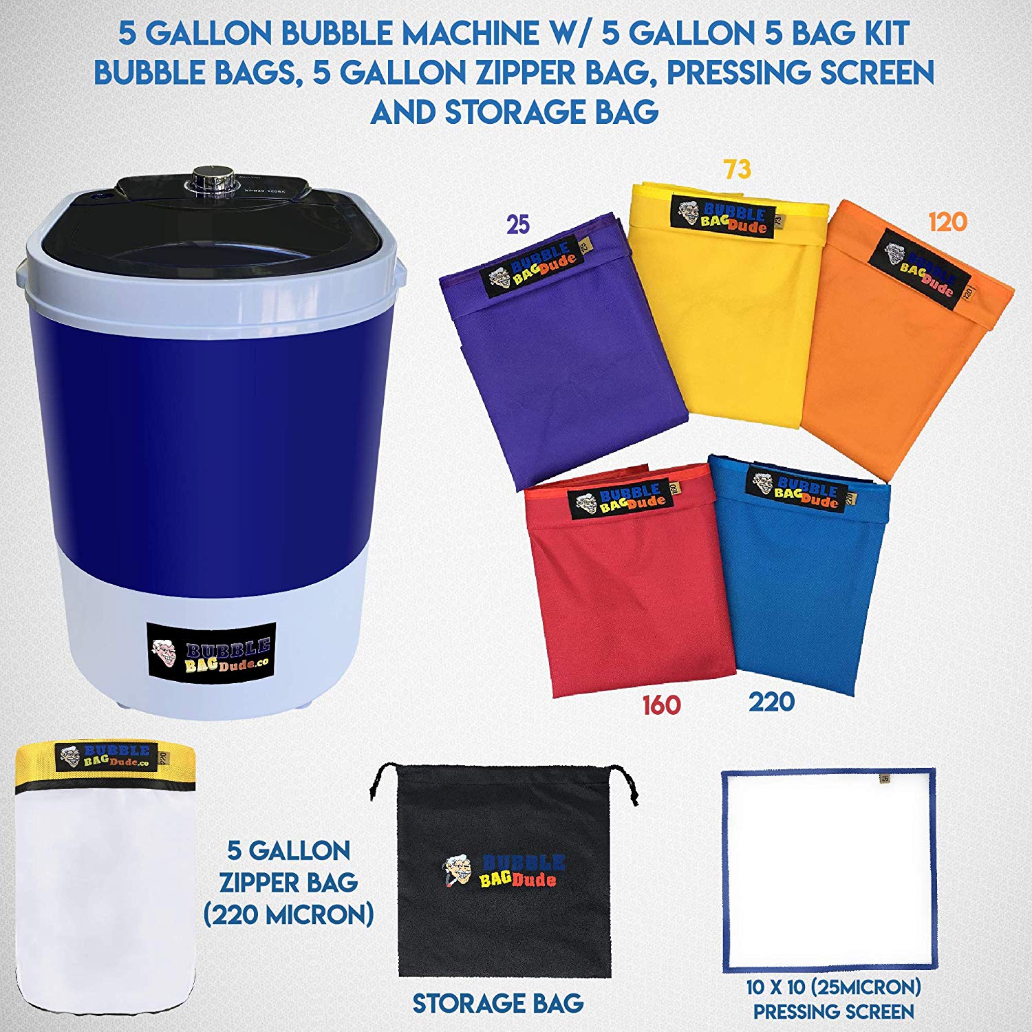 BUBBLEBAGDUDE Bubble Bags Machine 5 Gallon 5 Bag Set - 5 Gallon 110 Volts Mini Washer Herbal Ice Essence Extraction Kit with 5 Gallon Zipper Bag & 10 x 10” (25 micron) Pressing Screen & Storage Bag