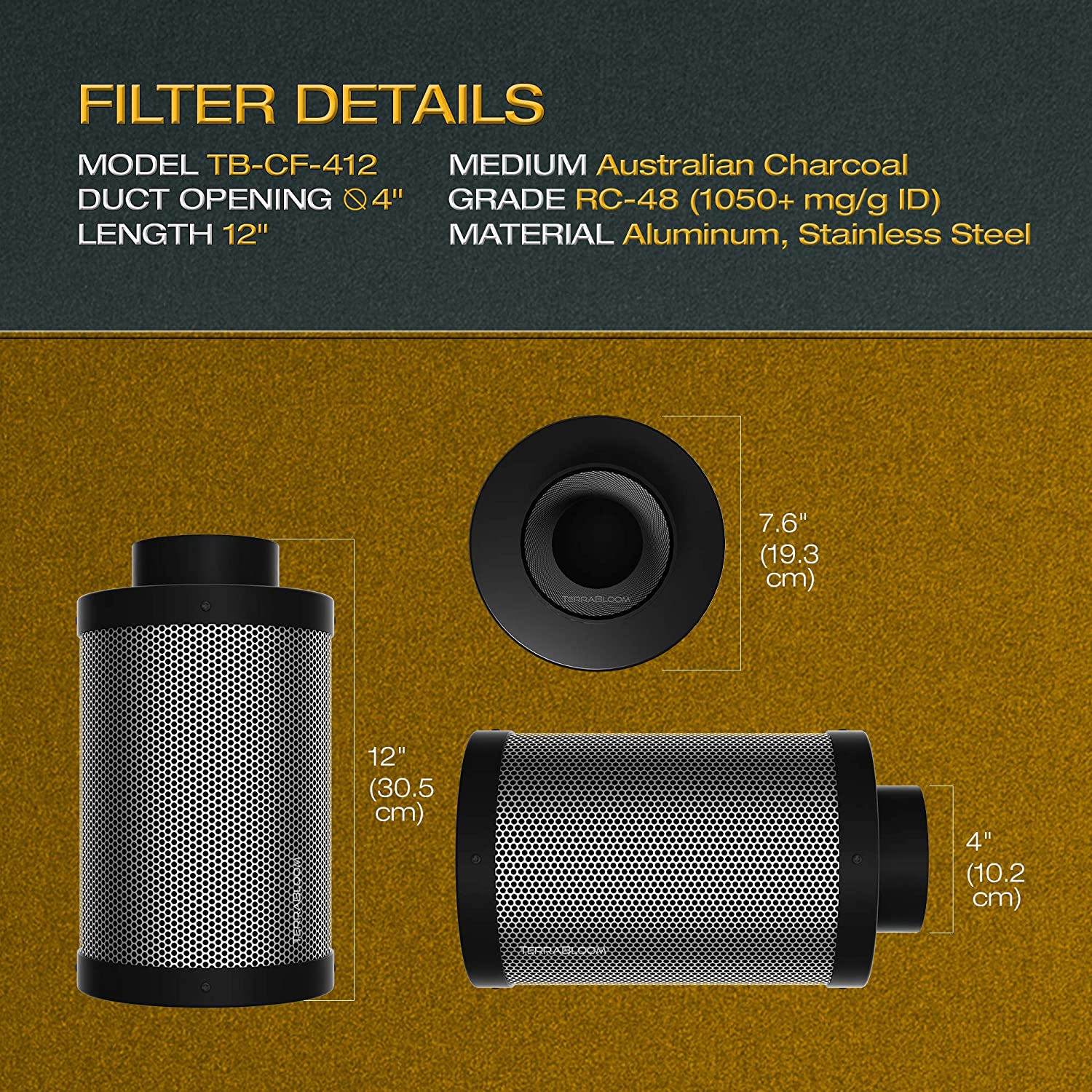 TerraBloom Air Carbon Filter, 4" x 12", Activated Charcoal Scrubber for Inline Duct Fans Up to 200 CFM. for Grow Tent Ventilation Kits, Hydroponics, Odor Removal